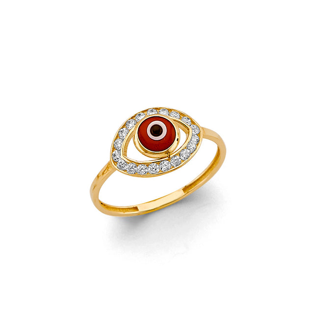 14K Yellow Gold Red Evil Eye Halo Ring on White Background