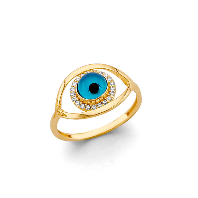14K Yellow Gold Blue Evil Eye Halo Ring on White Background