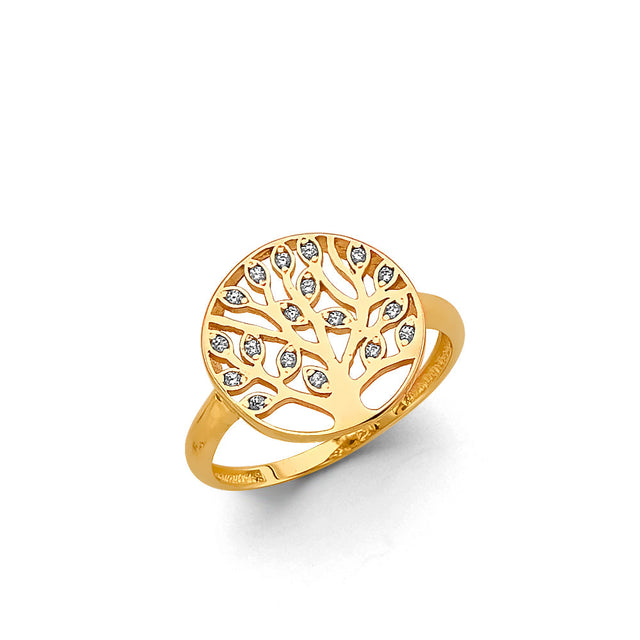 14K Yellow Gold Tree of Life Ring on White Background