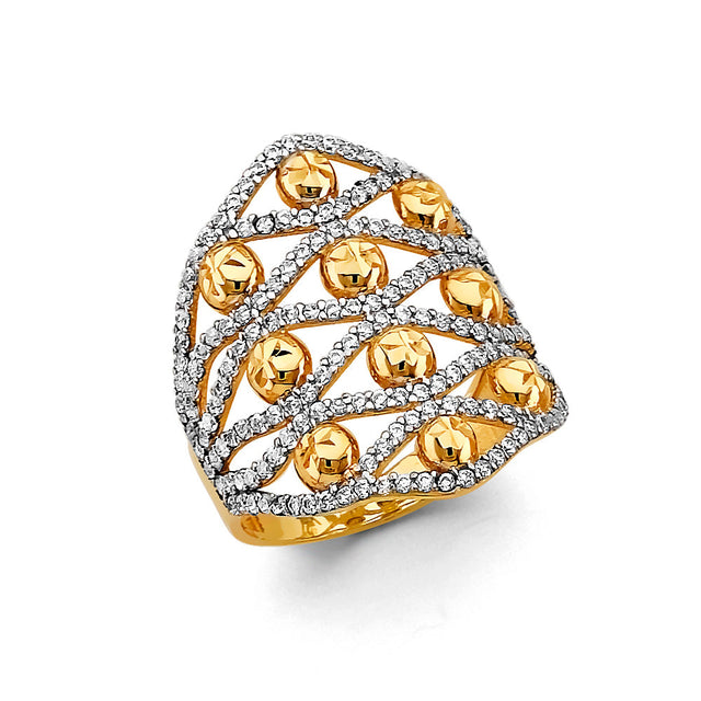 14K Two-Tone Gold Wide Dome Pavé Ring on White Background