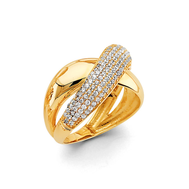 14K Two-Tone Gold Wide Bypass Pavé Ring on White Background