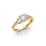 14K Yellow Gold Round Split Shank Side Stone Engagement Ring on White Background