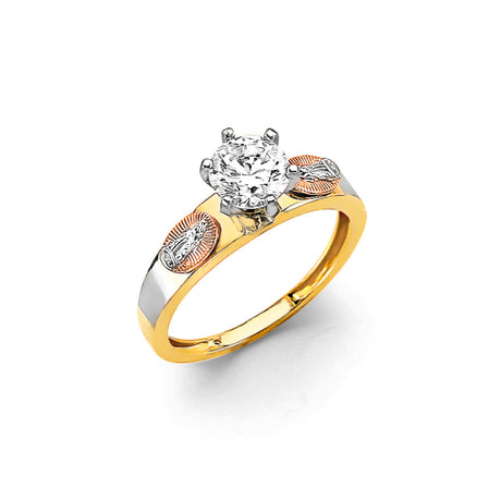 14K Tricolor Gold Round Solitaire Engagement Ring on White Background