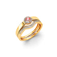 14K Yellow Gold Pink Halo Chevron Bridal Ring Set on White Background