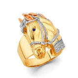 14K Tricolor Gold Horse Head Men's Ring on White Background