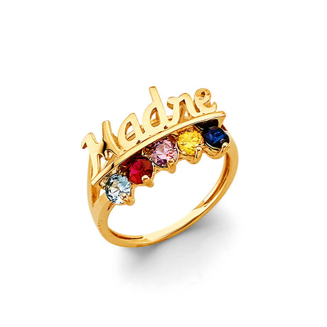 14K Yellow Gold Madre Nameplate Mother's Birthstone Ring on White Background
