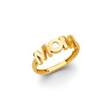 14K Yellow Gold Mom Polished Script Nameplate Ring on White Background