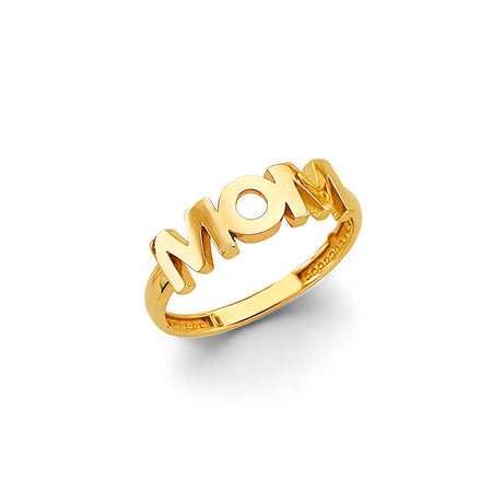 14K Yellow Gold Mom Polished Script Nameplate Ring on White Background