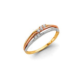 14K Tricolor Gold Tricolor Two-Line Pave Cubic Zirconia Ring on White Background
