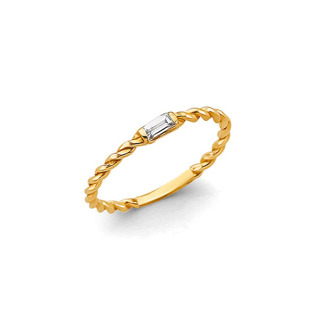 14K Yellow Gold Stackable Twist Baguette Cubic Zirconia Ring on White Background