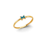 14K Yellow Gold Teal Enamel Star Stackable Ring on White Background