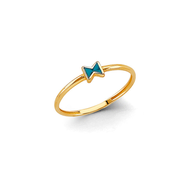 14K Yellow Gold Teal Enamel Star Stackable Ring on White Background