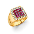 14K Two-Tone Gold Round Simulated Ruby Pavé Cluster Men’s Ring on White Background