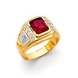 14K Two-Tone Gold Emerald-Cut Red Halo Men's Ring