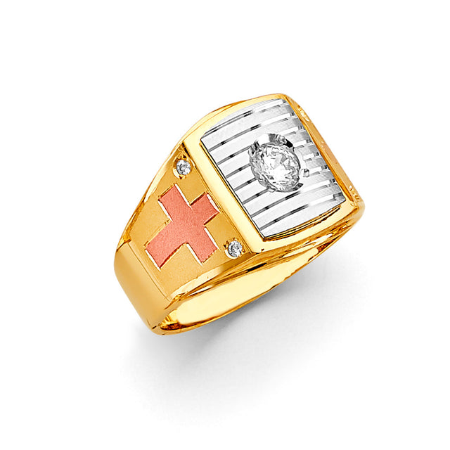 14K Tricolor Gold Cross Starburst Men's Ring
