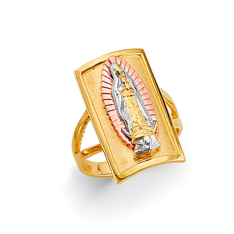 14K Tricolor Gold Rectangular Plaque Guadalupe Ring