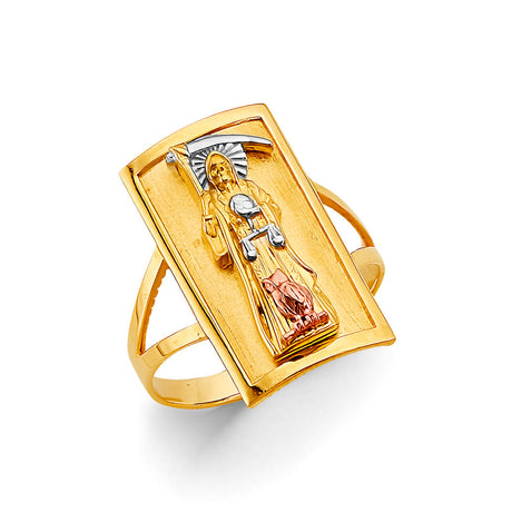 14K Tricolor Gold Santa Muerte Rectangular Plaque Ring