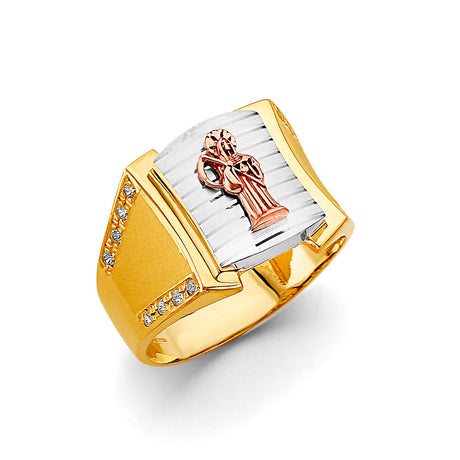 14K Tricolor Gold Santa Muerte Angled Signet Ring