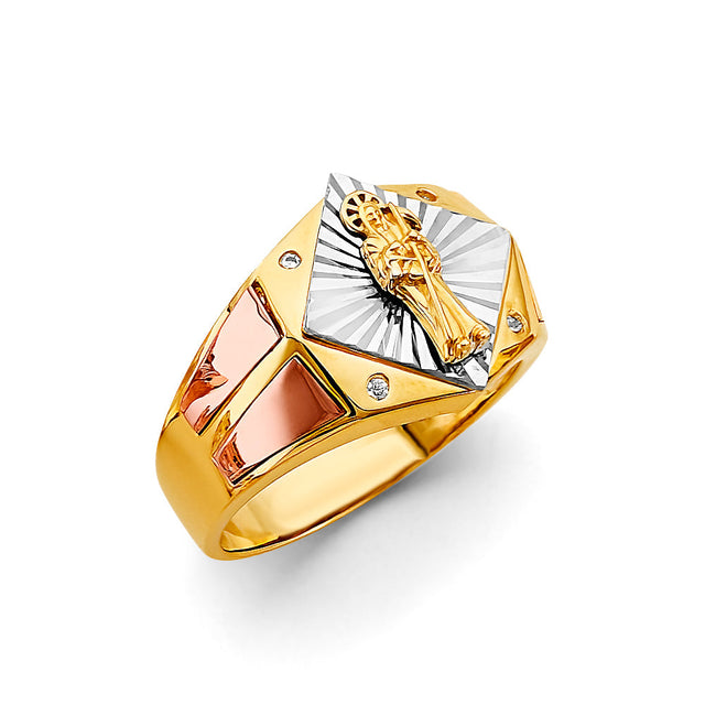 14K Tricolor Gold Santa Muerte Sunburst Signet Ring