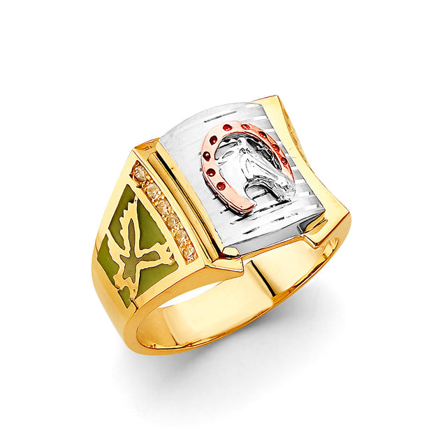 14K Tricolor Gold Horse Head Horseshoe Men's Ring