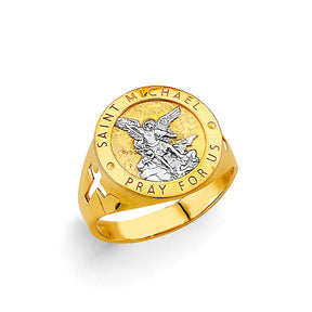14K Two-Tone Gold Saint Michael Men's Ring on White Background