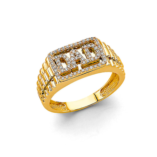 14K Two-Tone Gold Framed Dad Men's Ring on White Background