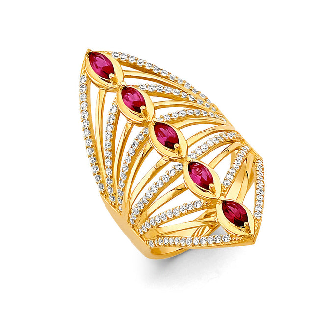 14K Yellow Gold Red Marquise Statement Ring on White Background