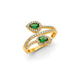 14K Yellow Gold Green Pear Bypass Ring on White Background