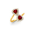 14K Yellow Gold Red Heart Halo Bypass Ring on White Background