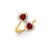 14K Yellow Gold Red Heart Halo Bypass Ring on White Background