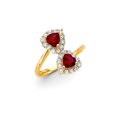 14K Yellow Gold Red Heart Halo Bypass Ring on White Background