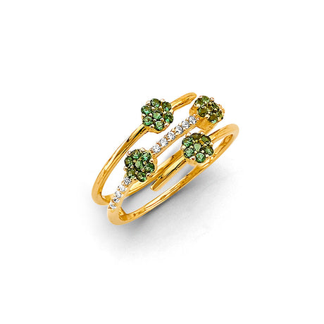 14K Yellow Gold Green Flower Cluster Ring on White Background
