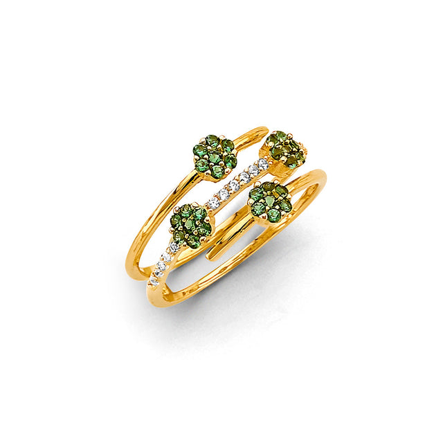 14K Yellow Gold Green Flower Cluster Ring on White Background