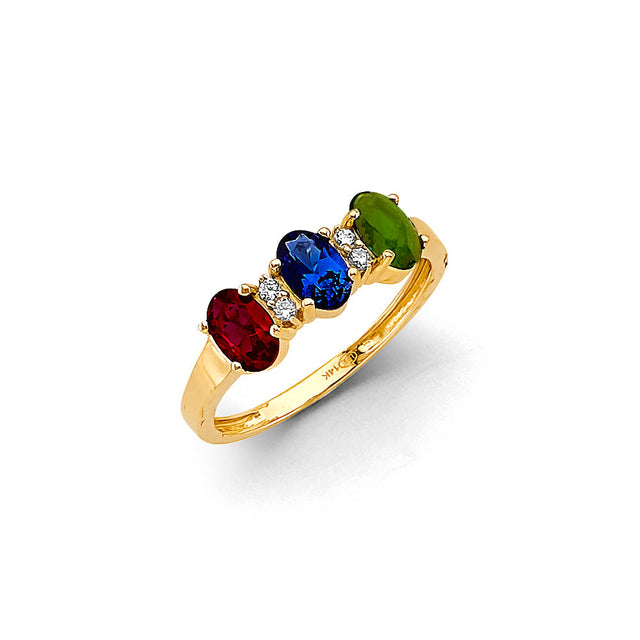 14K Yellow Gold Three-Stone Mother's Birthstone Ring on White Background