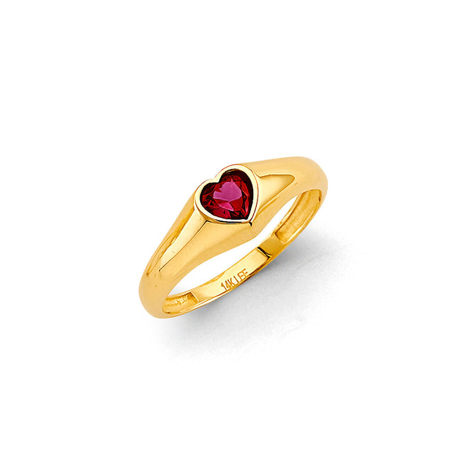 14K Yellow Gold Red Heart Bezel Ring on White Background