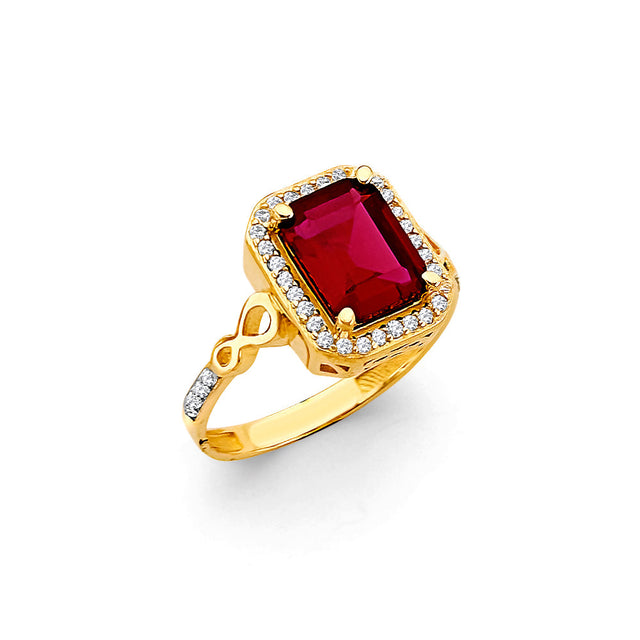 14K Yellow Gold Red Halo Ring on White Background