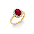 14K Yellow Gold Ruby-Red Oval Sunburst Halo Ring on White Background