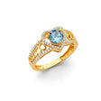 14K Yellow Gold Blue Heart Filigree Ring on White Background