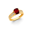 14K Yellow Gold Ruby-Red Cushion Split-Shank Ring on White Background
