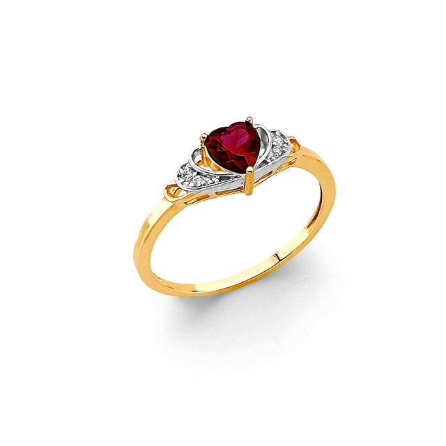 14K Yellow Gold Red Heart Two-Tone Accent Ring on White Background
