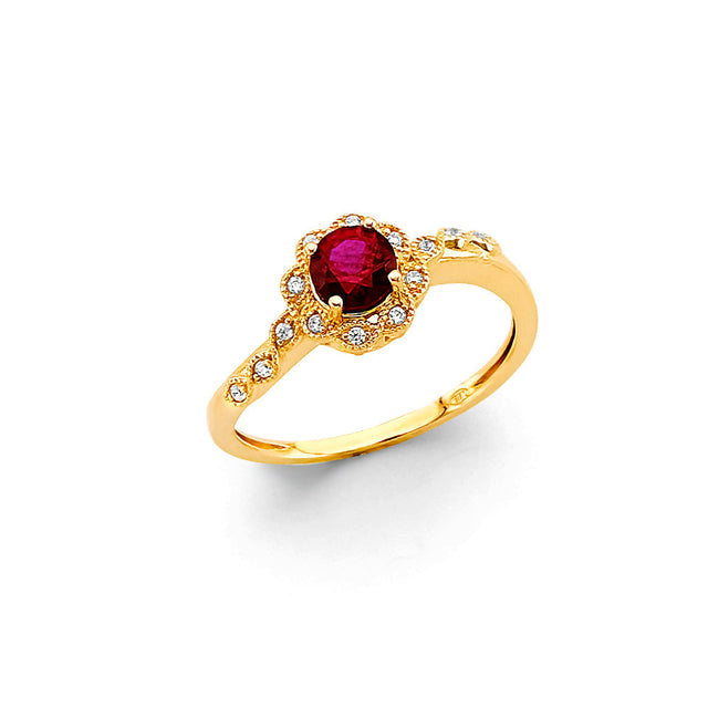 14K Yellow Gold Red Round Vintage Halo Ring on White Background