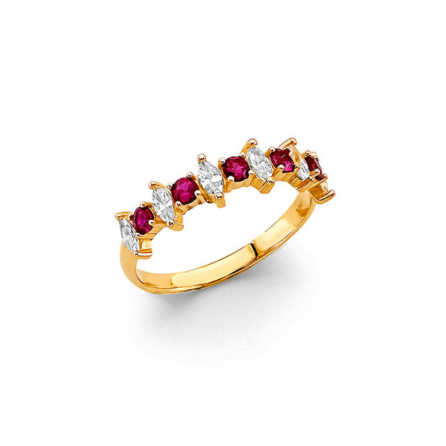 14K Yellow Gold Red Marquise Anniversary Band Ring on White Background