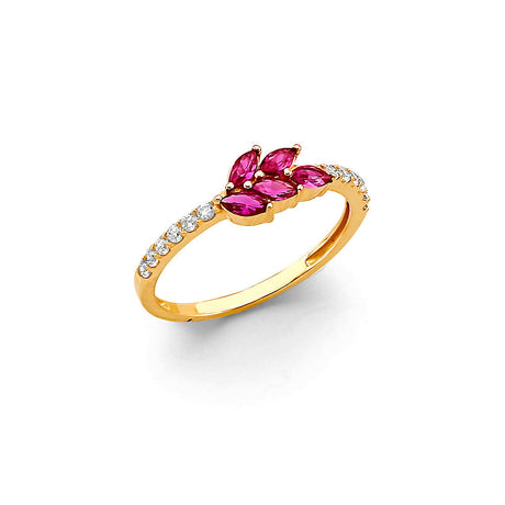 14K Yellow Gold Red Marquise Leaf Bypass Ring on White Background