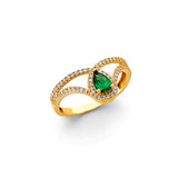 14K Yellow Gold Green Pear Open Halo Ring on White Background
