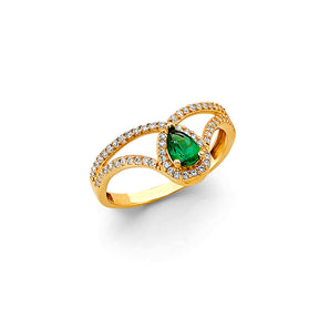 14K Yellow Gold Green Pear Open Halo Ring on White Background