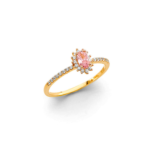 14K Yellow Gold Pink Oval Halo Ring on White Background