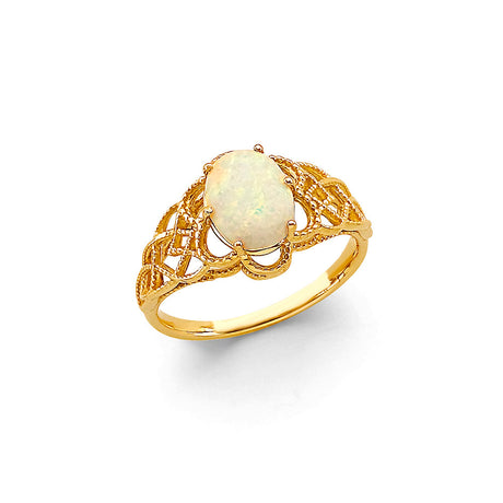 14K Yellow Gold Synthetic Opal Oval Filigree Ring on White Background