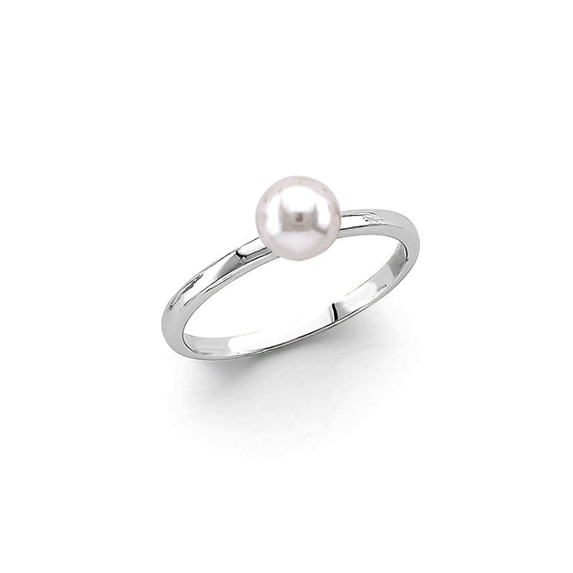 14K White Gold Pearl Solitaire Ring on White Background