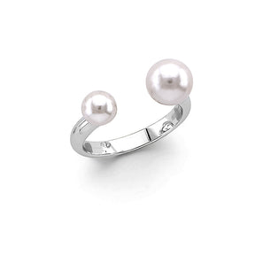 14K White Gold Double Pearl Open Cuff Ring on White Background