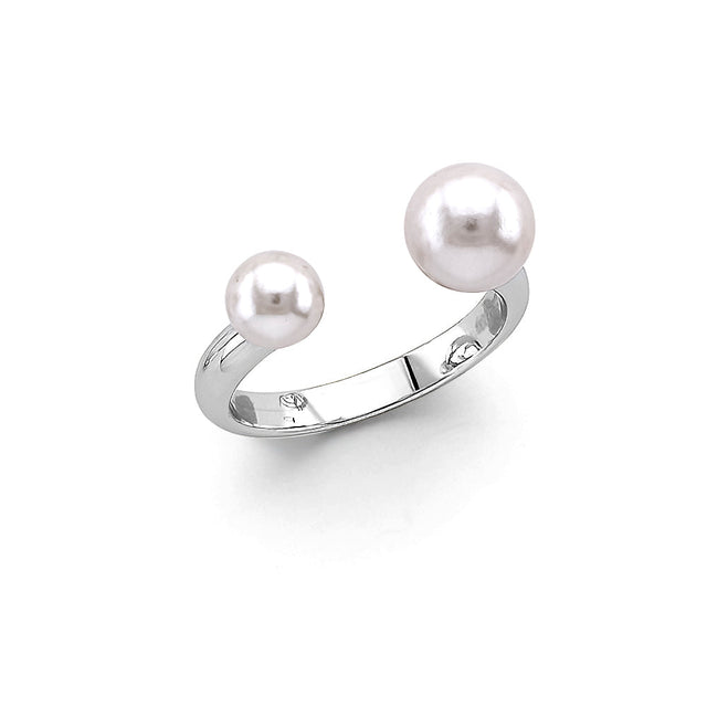 14K White Gold Double Pearl Open Cuff Ring on White Background
